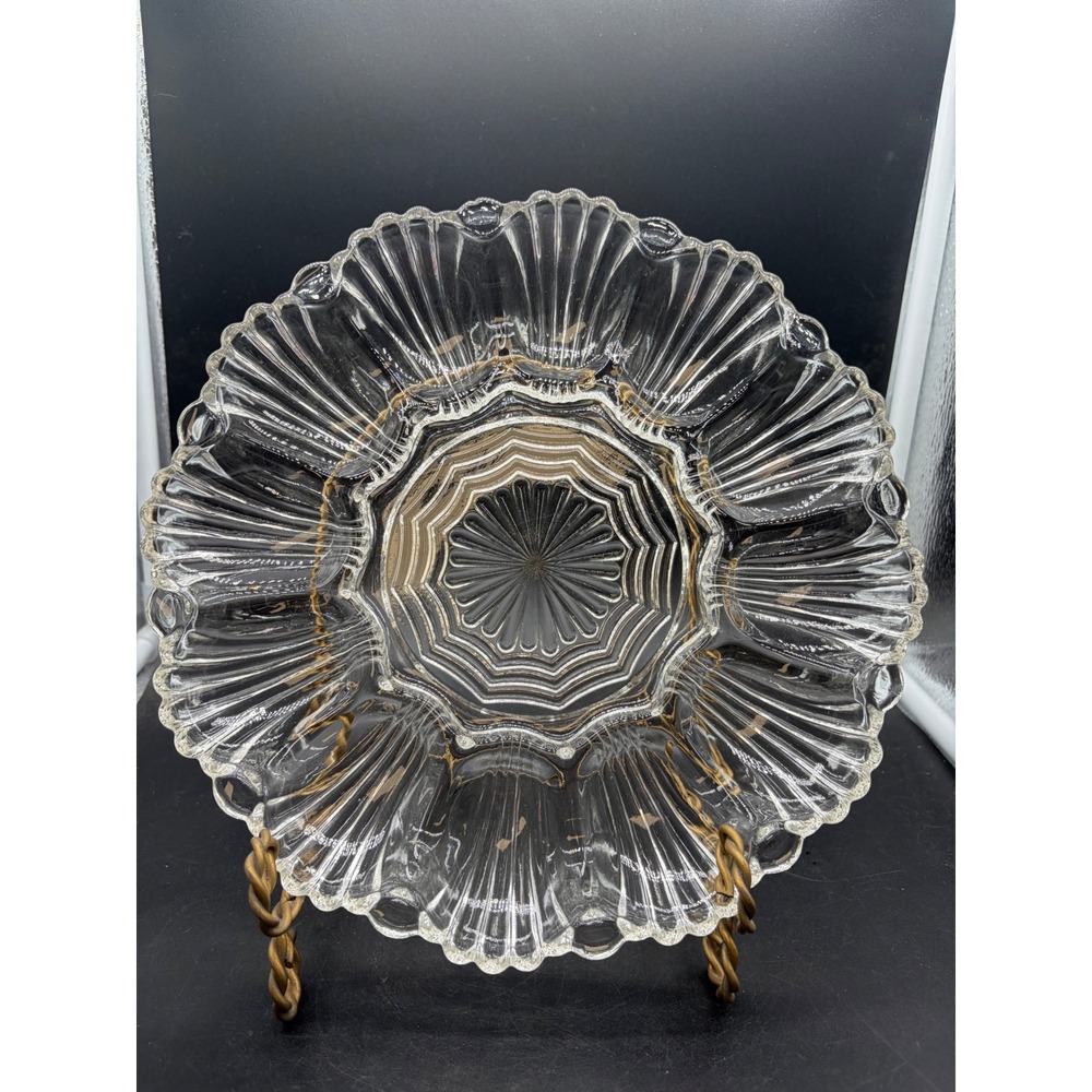Vintage Clear Pressed Glass Deviled Egg Platter Scalloped Round Server 10.5 Inch